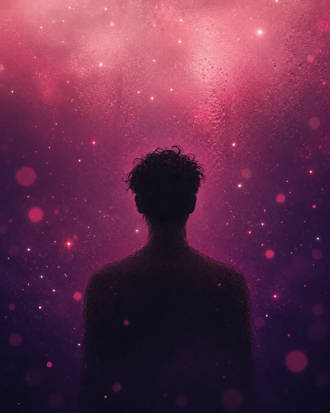 粉色星光背景中的男性背影剪影
